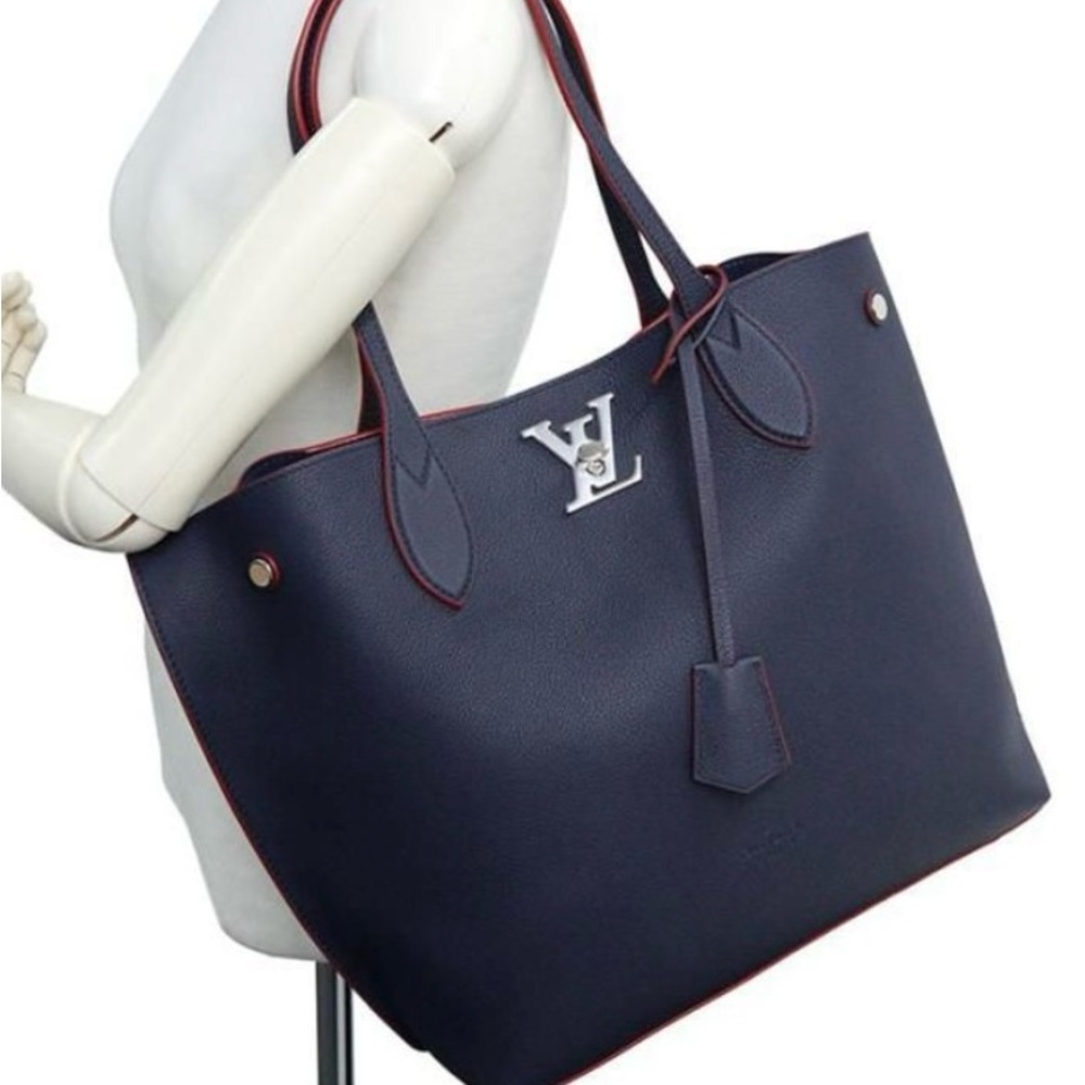Louis Vuitton LockMe Tote Bag Grain Calf Leather Marine Rouge Navy